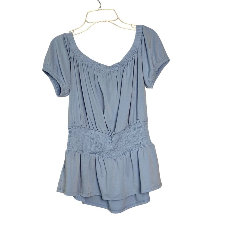 NWT Express Off-Shoulder Top Lace-Up Baby Blue‎ Smocked Waist Size Medium Blouse - Picture 3 of 13